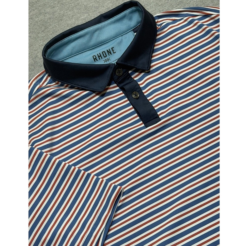 Rhone Delta Pique Polo Shirt Mens Medium Blue Red White Striped Golf 101435